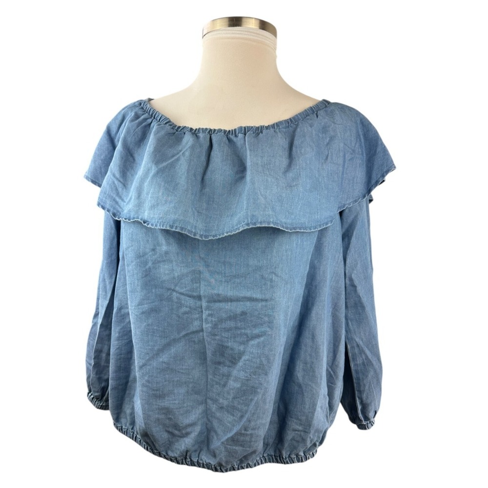 MICHAEL Michael Kors Off The Shoulder Blue Chambray Ruffle Top Plus Size 2X - Picture 4 of 12